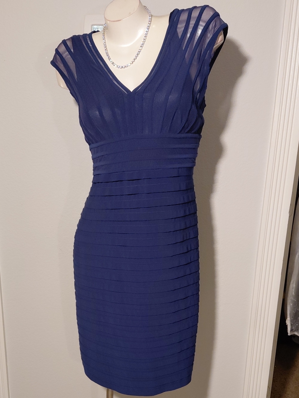 Adrianna Papell Navy Sheer-Panel V-Neck Bodycon Dress